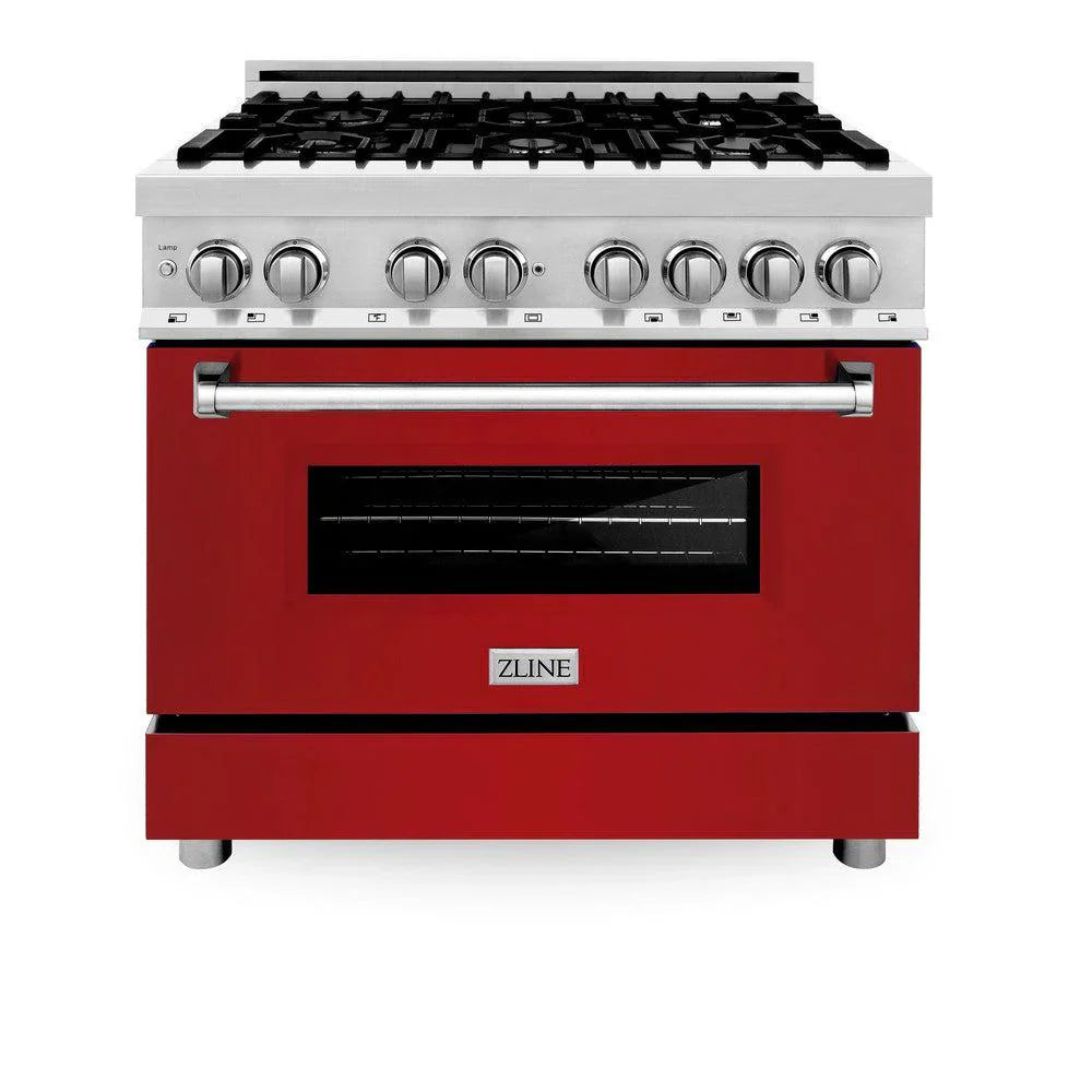 ZLINE 36" Kitchen Package with Stainless Steel Gas Range with Red Gloss Door and Convertible Vent Range Hood