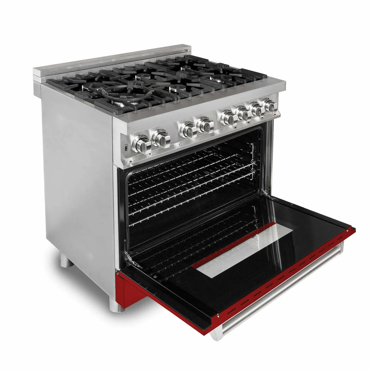 ZLINE 36" Kitchen Package with Stainless Steel Gas Range with Red Gloss Door and Convertible Vent Range Hood