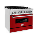 ZLINE 36" Kitchen Package with Stainless Steel Gas Range with Red Gloss Door and Convertible Vent Range Hood