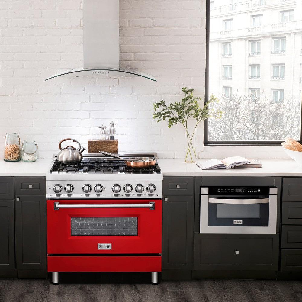 ZLINE 36" Kitchen Package with Dual Fuel Range in Red Matte and Convertible Vent Range Hood