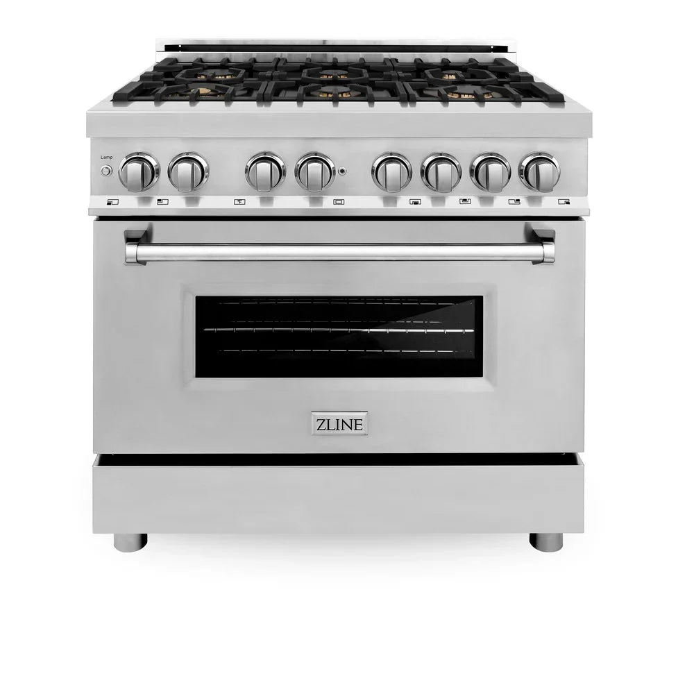 ZLINE 36" 4.6 cu. ft. Electric Oven and Gas Cooktop Dual Fuel Range with Griddle and Brass Burners in Stainless Steel