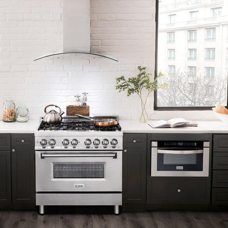 ZLINE 36" 4.6 cu. ft. Electric Oven and Gas Cooktop Dual Fuel Range with Griddle and Brass Burners in Stainless Steel