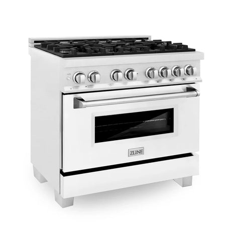 ZLINE 36" 4.6 cu. ft. Electric Oven and Gas Cooktop Dual Fuel Range with Griddle and White Matte Door in DuraSnow Stainless Steel