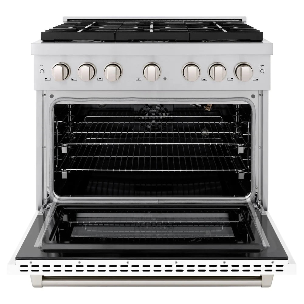 ZLINE 36" 4.6 cu. ft. Electric Oven and Gas Cooktop Dual Fuel Range with Griddle and White Matte Door in Stainless Steel