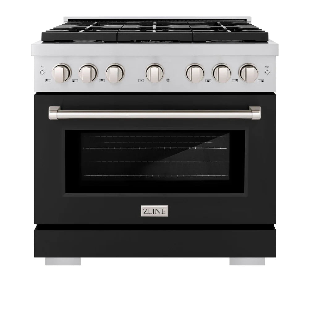 ZLINE 36 in. 5.2 cu. ft. 6 Burner Gas Range with Convection Gas Oven in DuraSnow® Stainless Steel with Black Matte Door