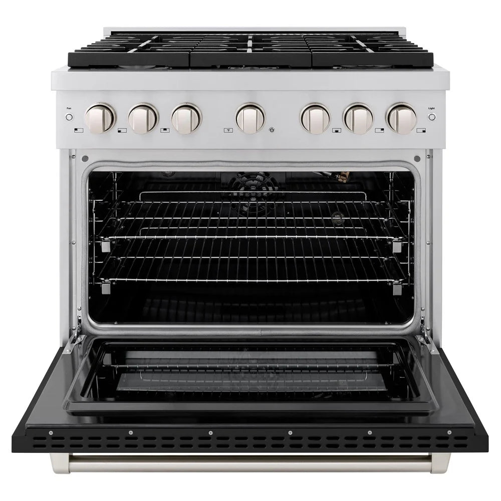 ZLINE 36 in. 5.2 cu. ft. 6 Burner Gas Range with Convection Gas Oven in DuraSnow® Stainless Steel with Black Matte Door