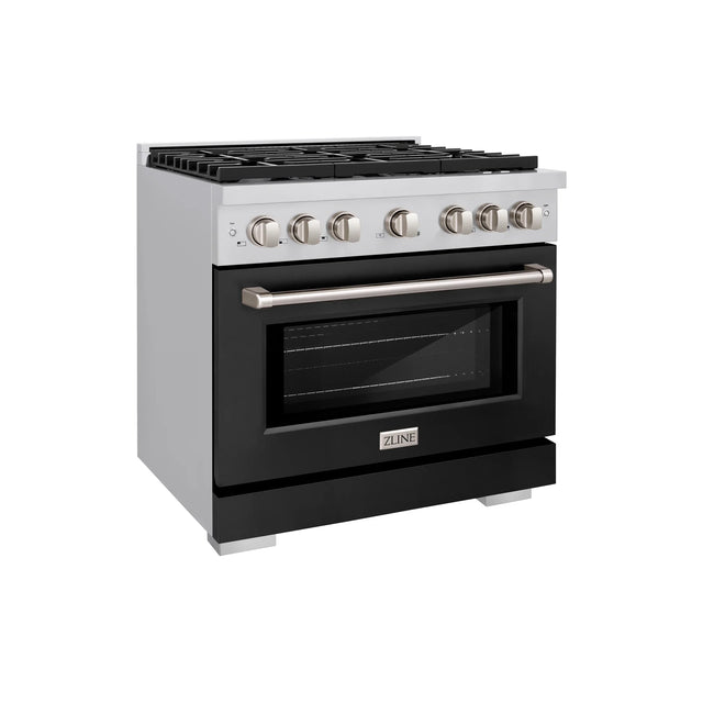 ZLINE 36 in. 5.2 cu. ft. 6 Burner Gas Range with Convection Gas Oven in DuraSnow® Stainless Steel with Black Matte Door