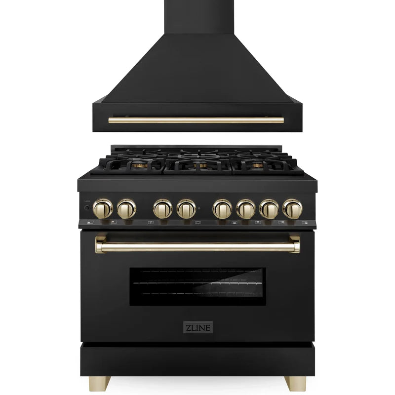 ZLINE 36" Autograph Edition Kitchen Package with Black Stainless Steel Dual Fuel Range and Range Hood with Gold Accents