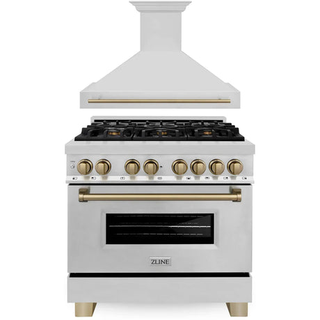 ZLINE 36" Autograph Edition Kitchen Package with Stainless Steel Dual Fuel Range and Range Hood with Champagne Bronze Accents