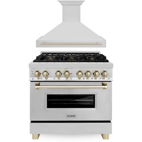 ZLINE 36" Autograph Edition Kitchen Package with Stainless Steel Dual Fuel Range and Range Hood with Gold Accents
