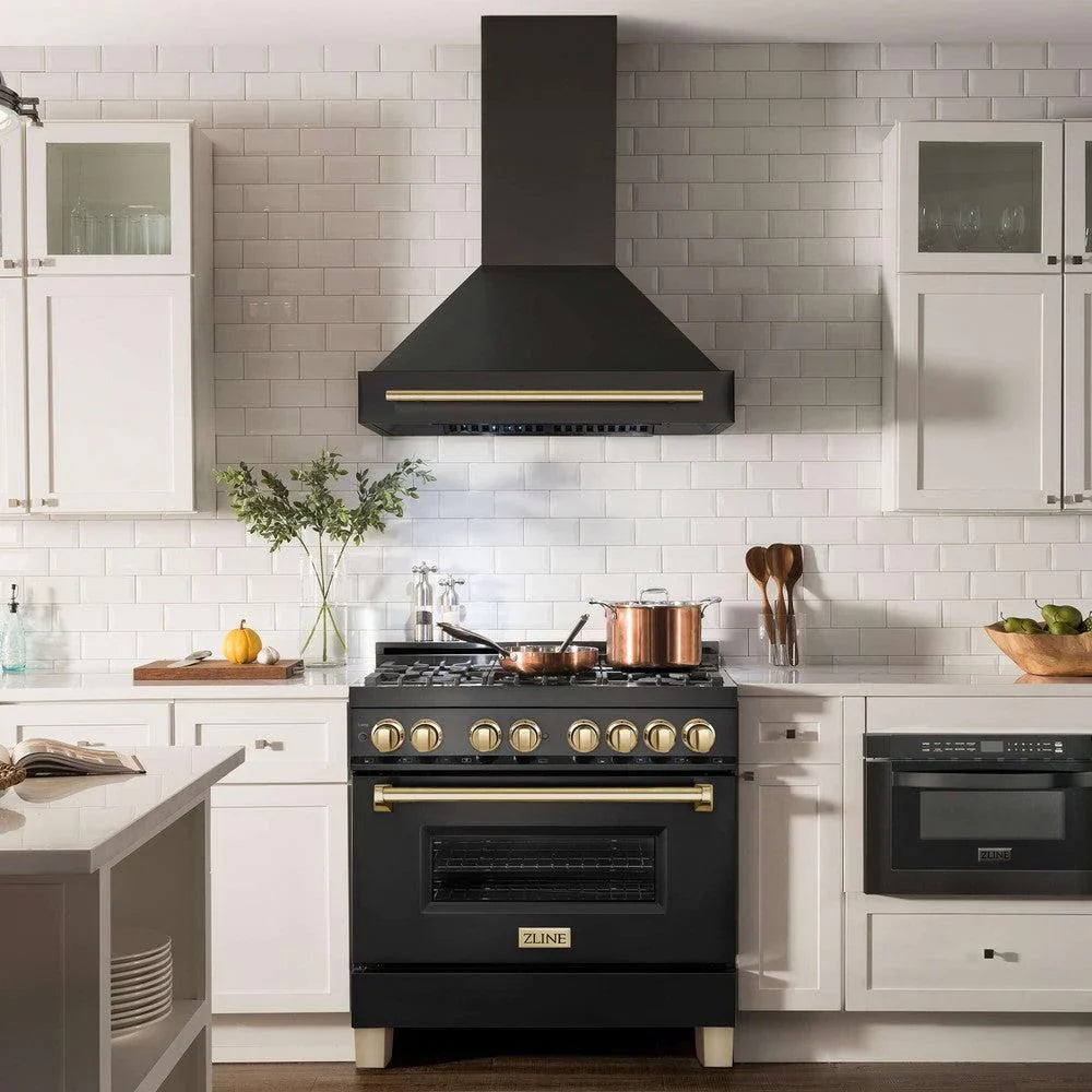 ZLINE 36" Autograph Edition Kitchen Package with Black Stainless Steel Dual Fuel Range and Range Hood with Gold Accents