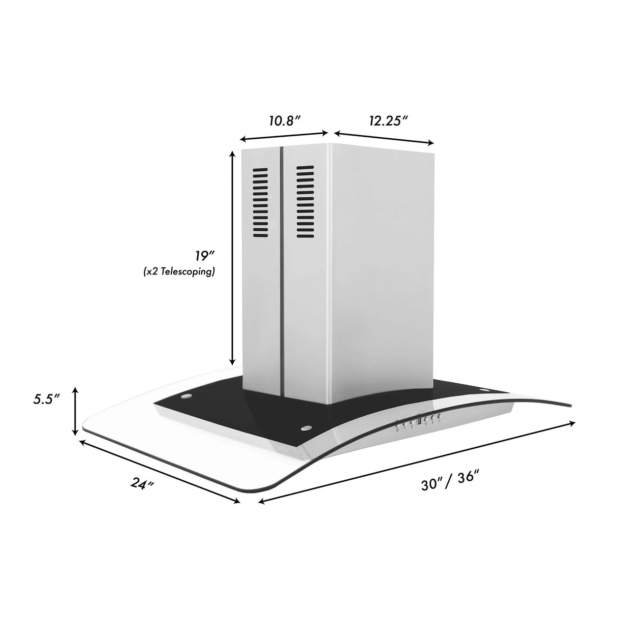 ZLINE 36" Convertible Vent Island Mount Range Hood in Stainless Steel & Glass