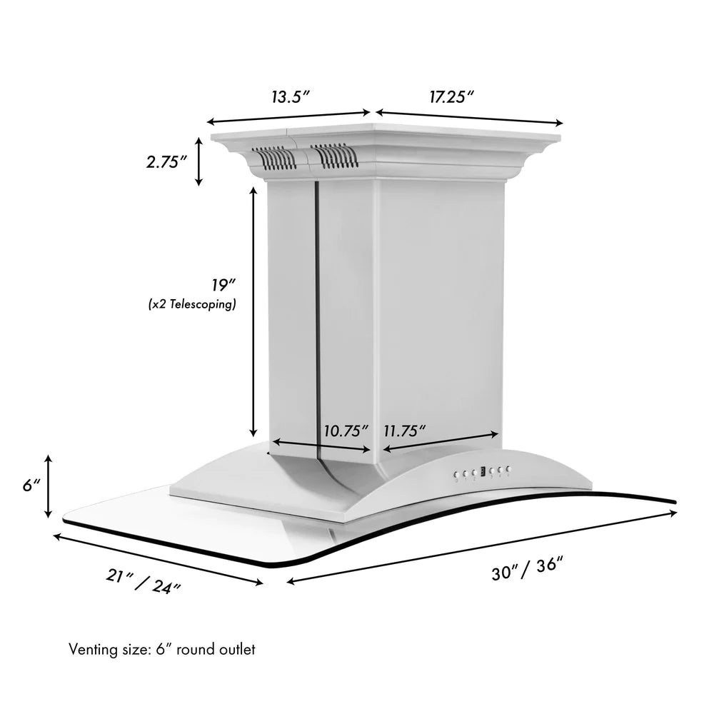 ZLINE 36" CrownSound™ Ducted Vent Island Mount Range Hood in Stainless Steel with Built-in Bluetooth Speakers