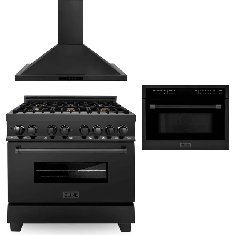 ZLINE 36" Kitchen Package with Black Stainless Steel Dual Fuel Range, Convertible Vent Range Hood and 24" Microwave Oven