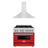 ZLINE 36" Kitchen Package with Dual Fuel Range in Red Matte and Convertible Vent Range Hood