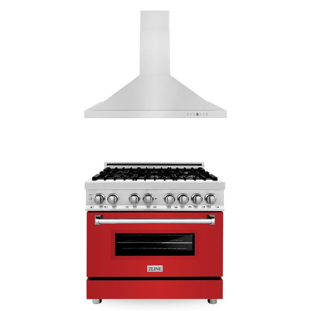 ZLINE 36" Kitchen Package with Dual Fuel Range in Red Matte and Convertible Vent Range Hood