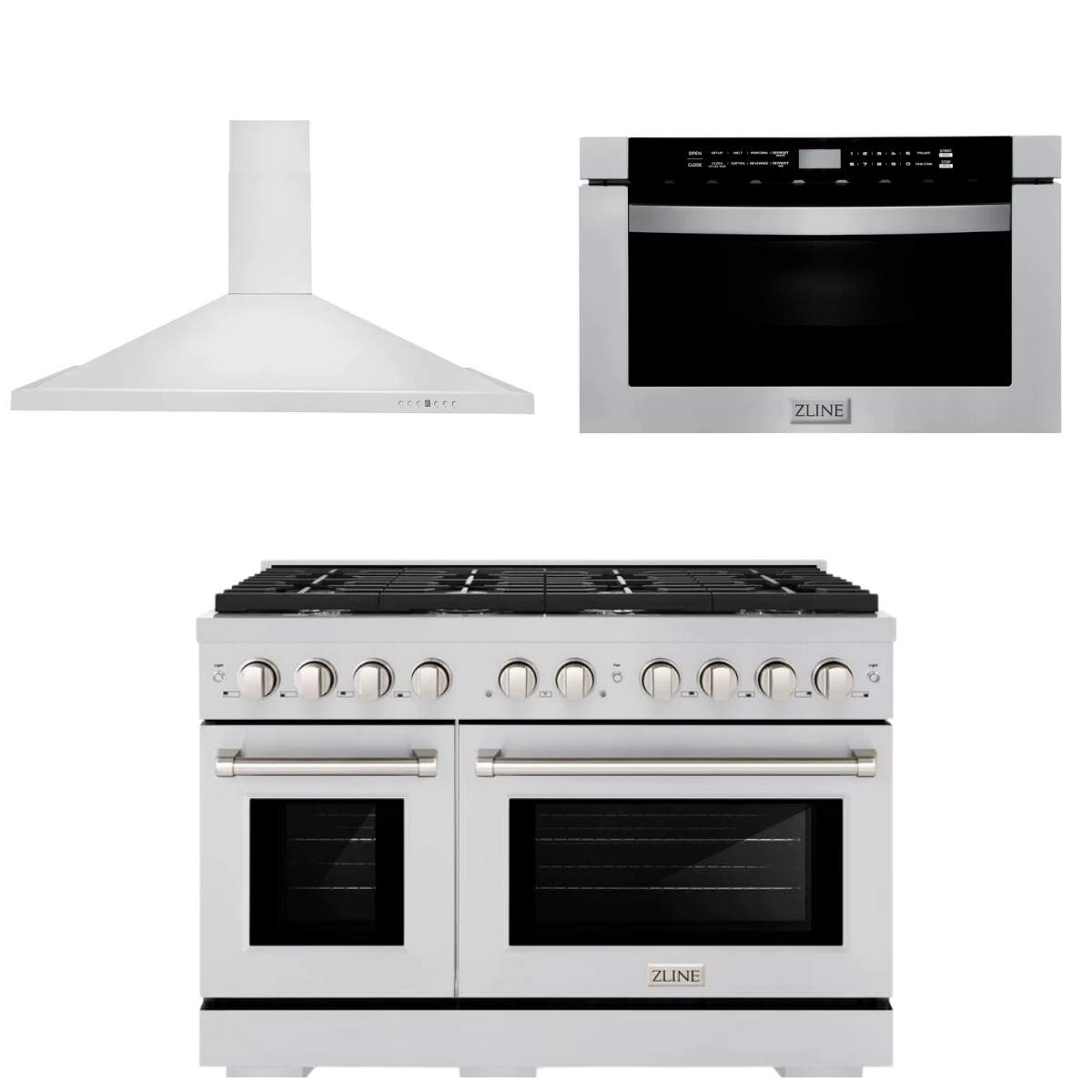 ZLINE Appliance Package - 48" Gas Range, Range Hood and Microwave Drawer, 3KP-SGRRH48-MW