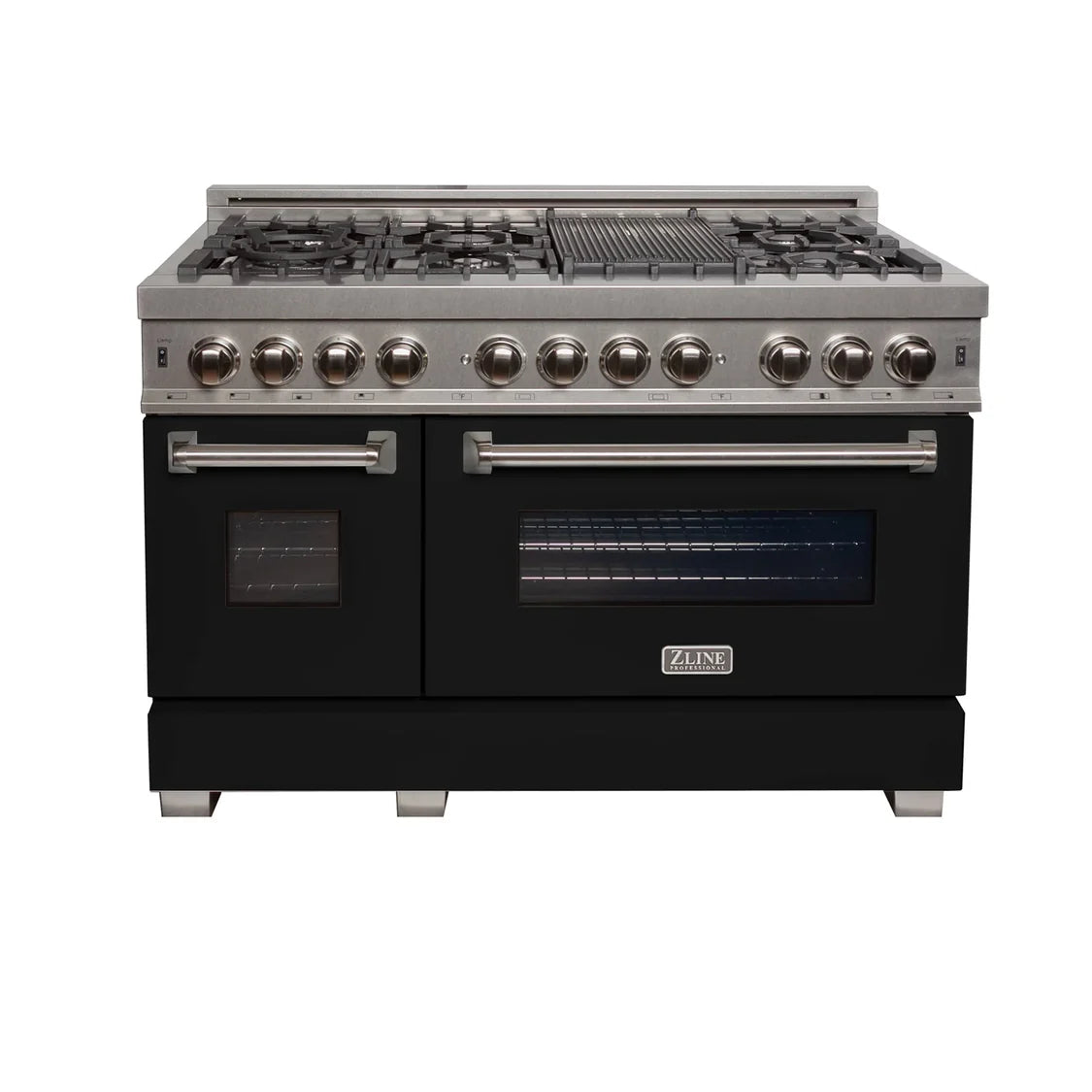 ZLINE 48" Kitchen Package with DuraSnow Stainless Steel Dual Fuel Range and Convertible Vent Range Hood in Black Matte