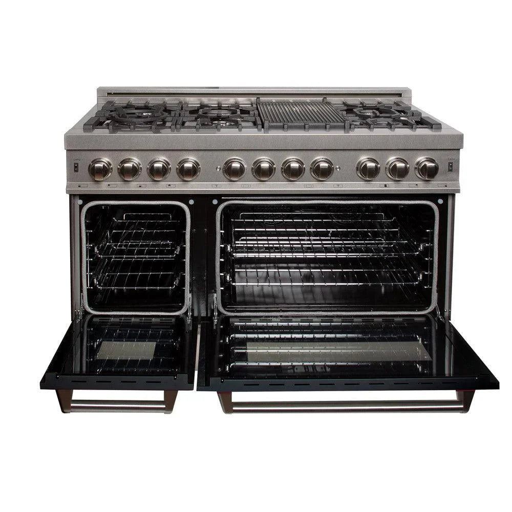 ZLINE 48" Kitchen Package with DuraSnow Stainless Steel Dual Fuel Range and Convertible Vent Range Hood in Black Matte