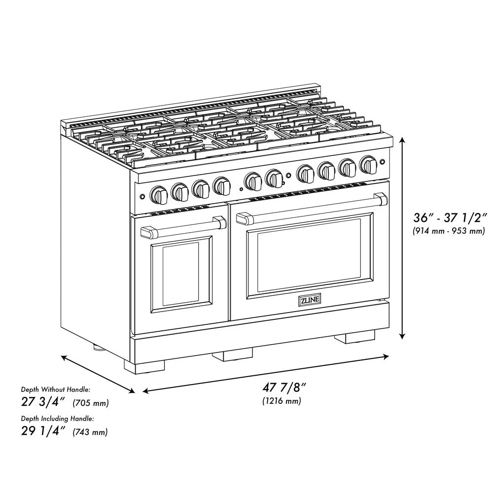 ZLINE 48 in. 6.7 cu. ft. Double Oven Gas Range in Black Stainless Steel with 8 Brass Burners