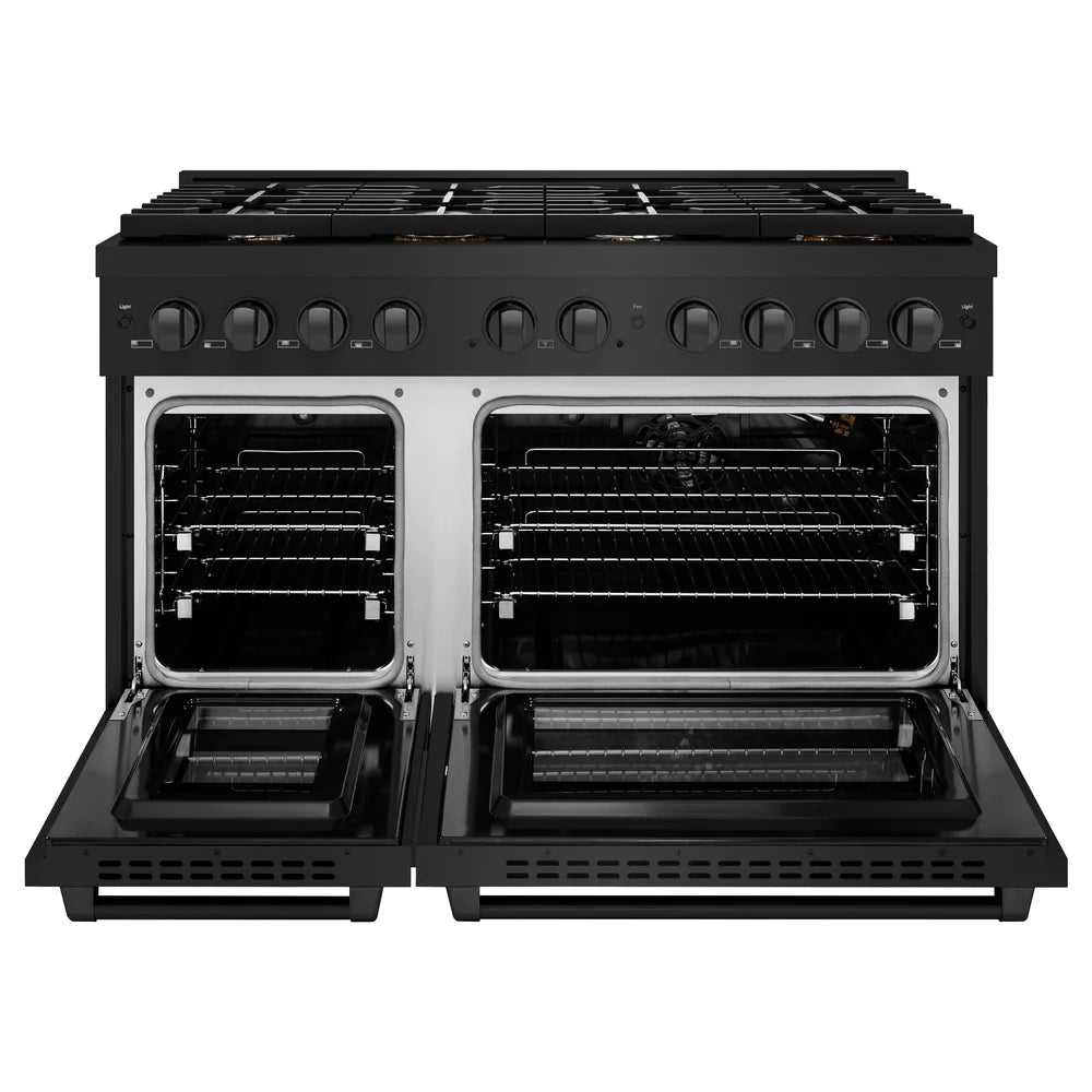 ZLINE 48 in. 6.7 cu. ft. Double Oven Gas Range in Black Stainless Steel with 8 Brass Burners