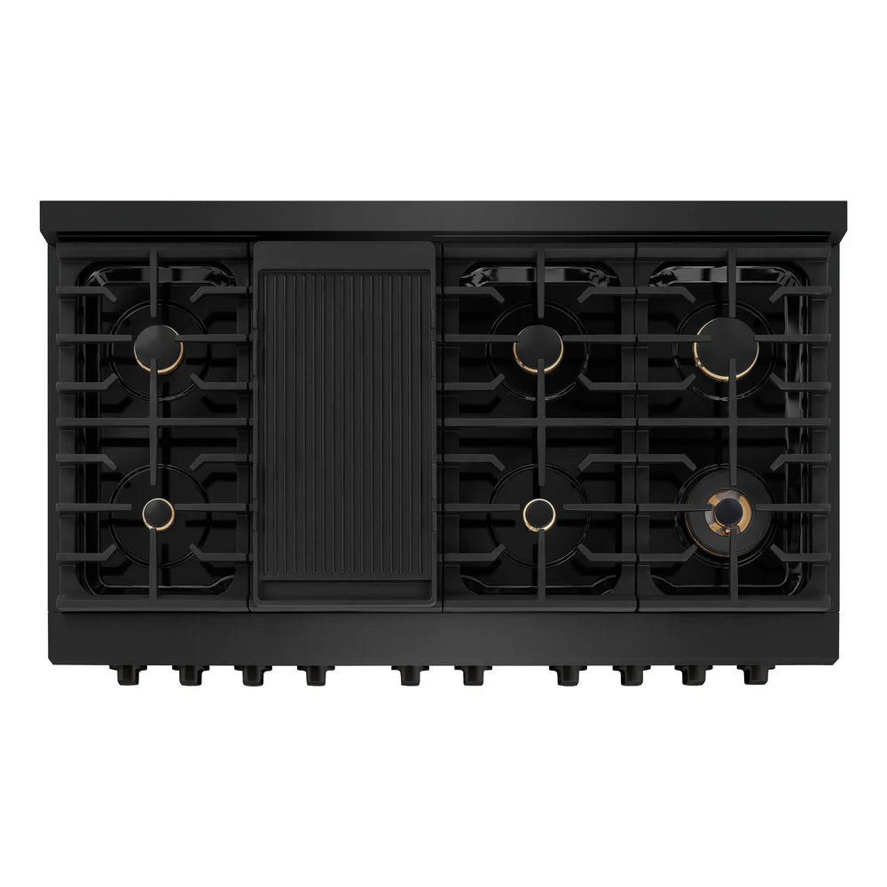 ZLINE 48 in. 6.7 cu. ft. Double Oven Gas Range in Black Stainless Steel with 8 Brass Burners