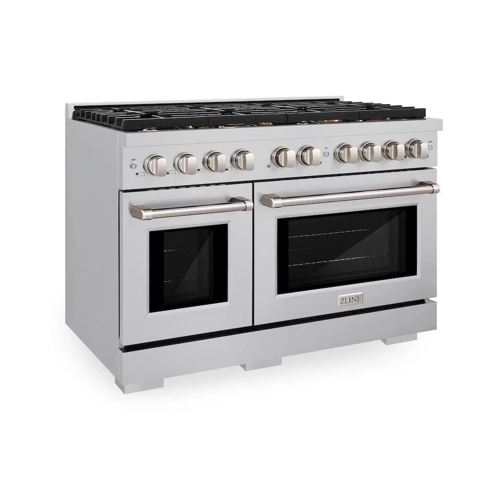 ZLINE 48 in. 6.7 cu. ft. Double Oven Gas Range in Stainless Steel with 8 Brass Burners