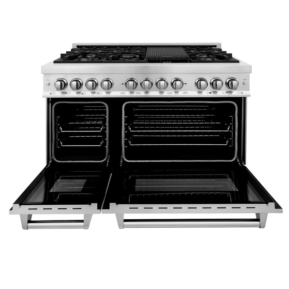 ZLINE 48" Kitchen Package with Stainless Steel Dual Fuel Range, Convertible Vent Range Hood and 24" Microwave Oven