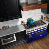 ZLINE 48" Kitchen Package with Stainless Steel Dual Fuel Range with Blue Gloss Door and Convertible Vent Range Hood