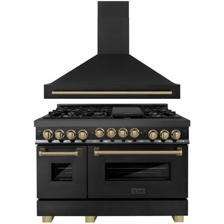 ZLINE 48" Autograph Edition Kitchen Package with Black Stainless Steel Dual Fuel Range and Range Hood with Champagne Bronze Accents