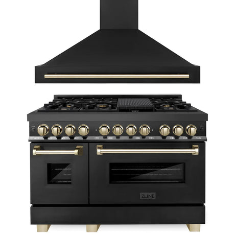 ZLINE 48" Autograph Edition Kitchen Package with Black Stainless Steel Dual Fuel Range and Range Hood with Gold Accents