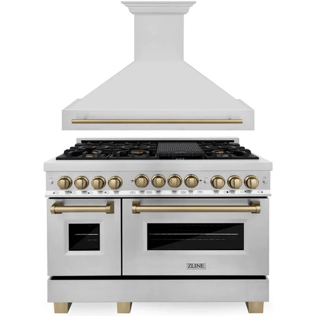 ZLINE 48" Autograph Edition Kitchen Package with Stainless Steel Dual Fuel Range and Range Hood with Champagne Bronze Accents