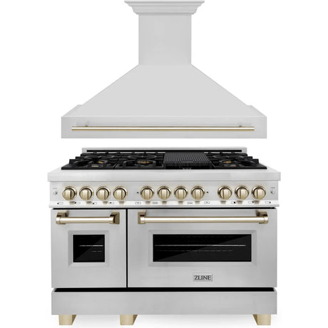 ZLINE 48" Autograph Edition Kitchen Package with Stainless Steel Dual Fuel Range and Range Hood with Gold Accents