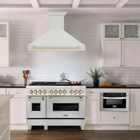 ZLINE 48" Autograph Edition Kitchen Package with Stainless Steel Dual Fuel Range and Range Hood with Gold Accents