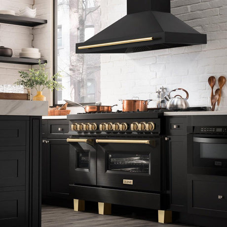 ZLINE 48" Autograph Edition Kitchen Package with Black Stainless Steel Dual Fuel Range and Range Hood with Gold Accents