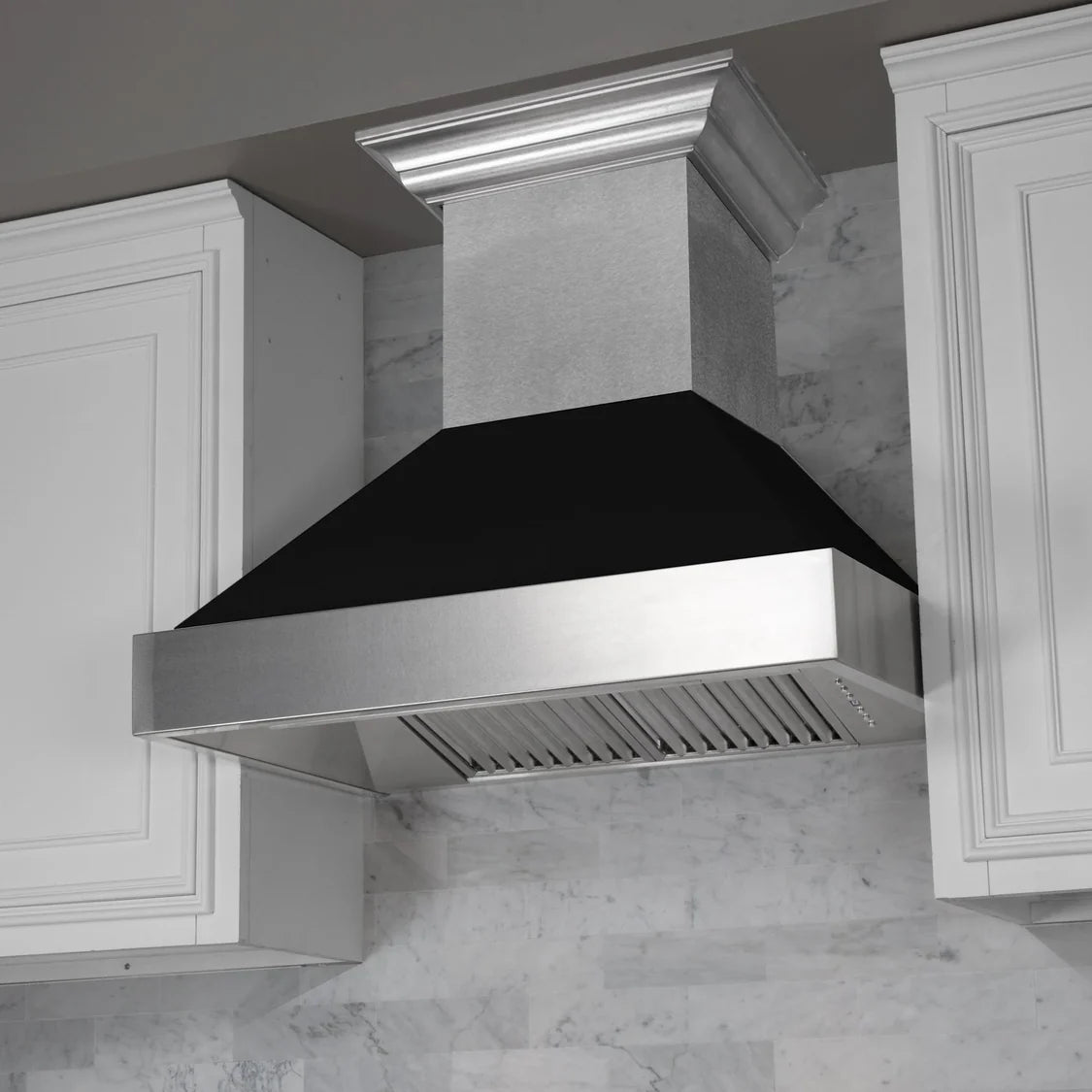 ZLINE 48" Kitchen Package with DuraSnow Stainless Steel Dual Fuel Range and Convertible Vent Range Hood in Black Matte