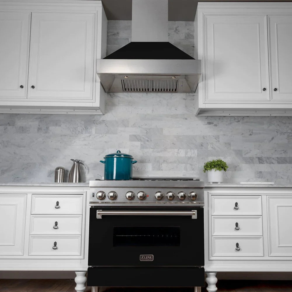 ZLINE 48" Kitchen Package with DuraSnow Stainless Steel Dual Fuel Range and Convertible Vent Range Hood in Black Matte