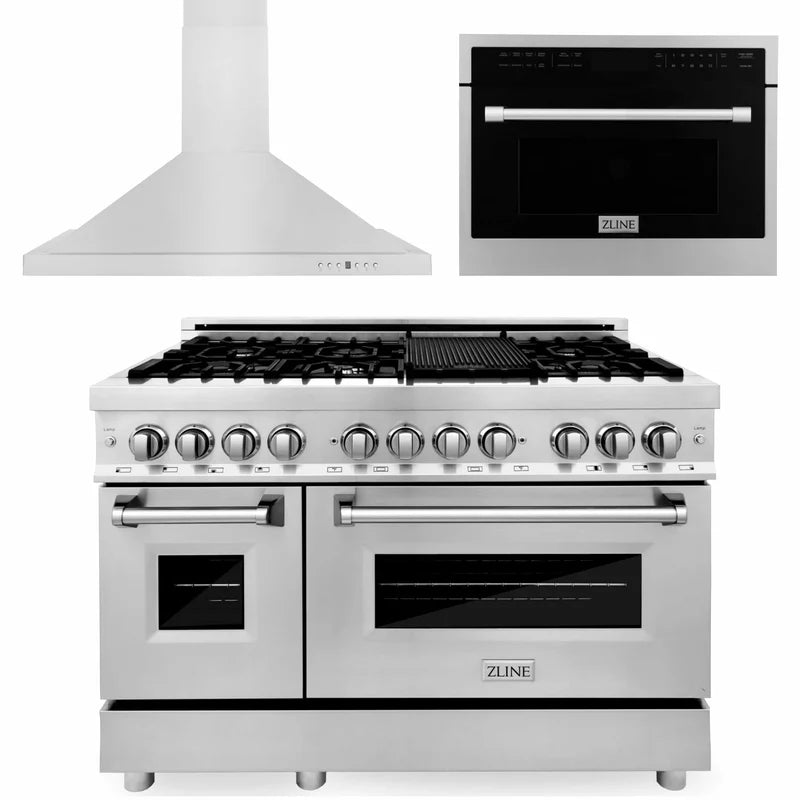 ZLINE 48" Kitchen Package with Stainless Steel Dual Fuel Range, Convertible Vent Range Hood and 24" Microwave Oven