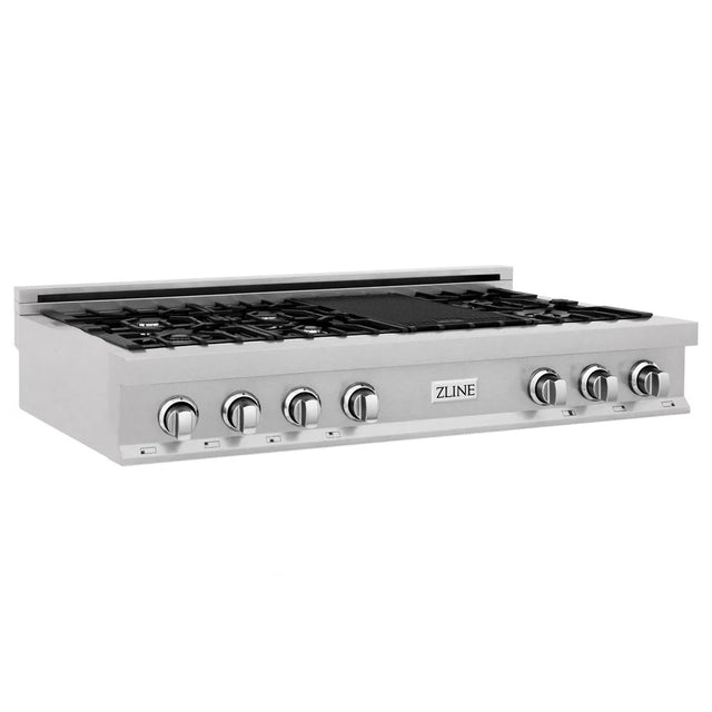 ZLINE 48" Porcelain Gas Stovetop in DuraSnow Stainless Steel with 7 Gas Burners and Griddle