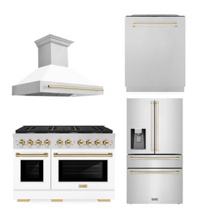 ZLINE Autograph Package - 48" Gas Range, Range Hood, Refrigerator, Dishwasher in Stainless Steel with Gold Accents