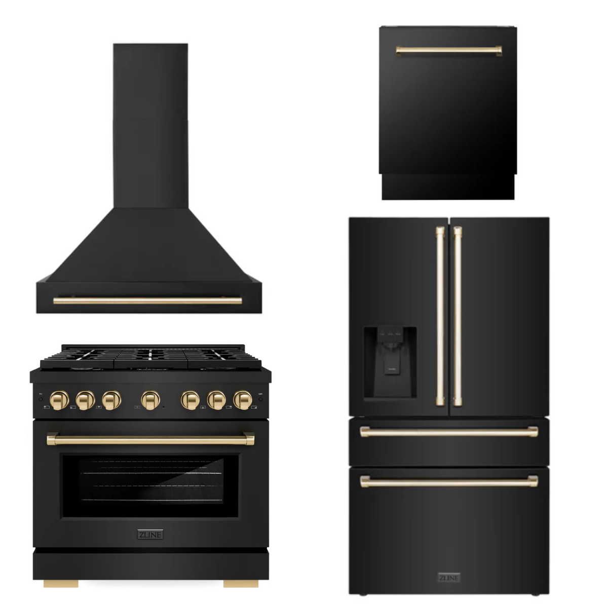 ZLINE Autograph Package - 36" Gas Range, Range Hood, Refrigerator with Water and Ice Dispenser, and Dishwasher in Black Stainless with Gold Accents