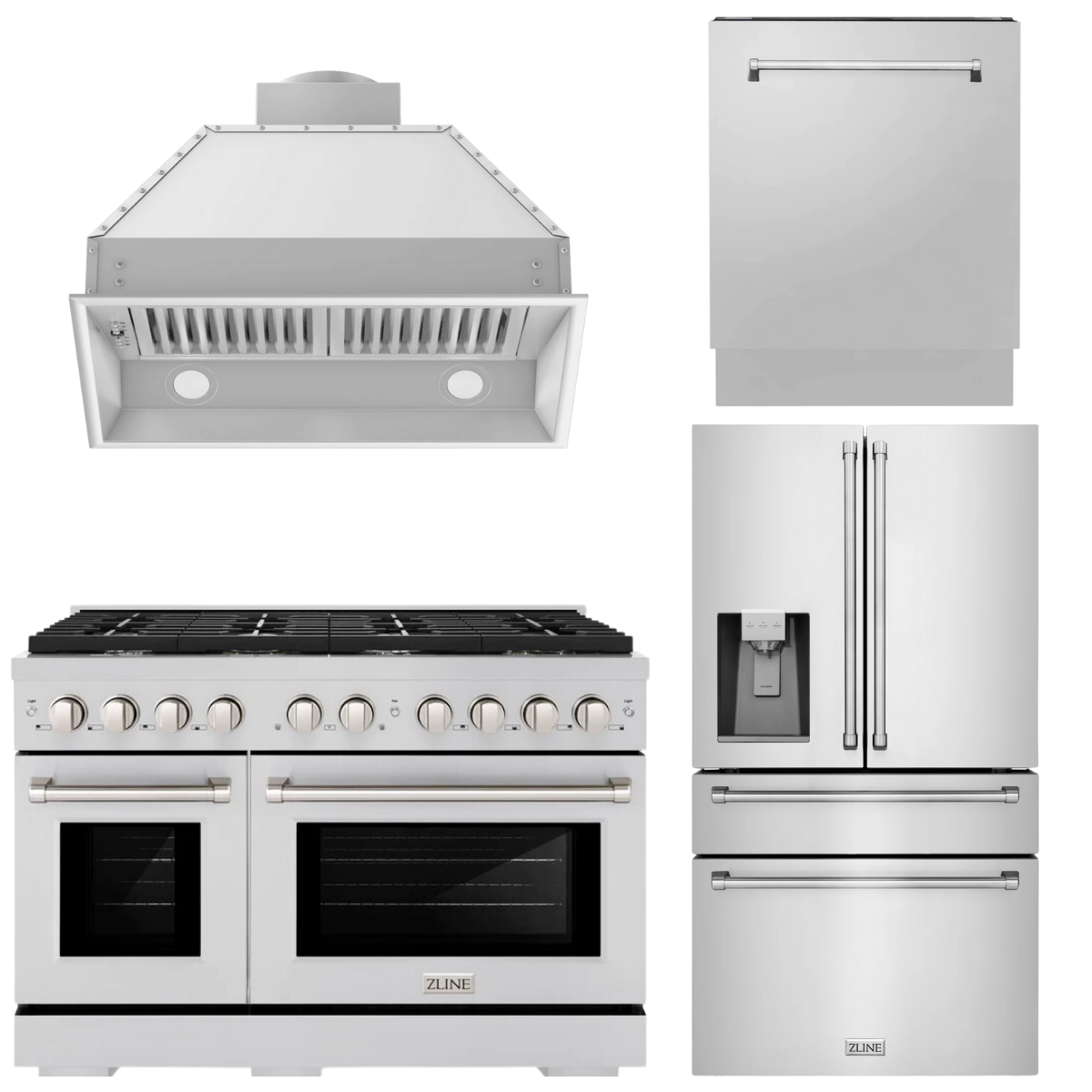 ZLINE Appliance Package - 48" Gas Range, Range Hood Insert, Refrigerator with Water and Ice Dispenser and Dishwasher, 4KPRW-SGRRHI48-DWV