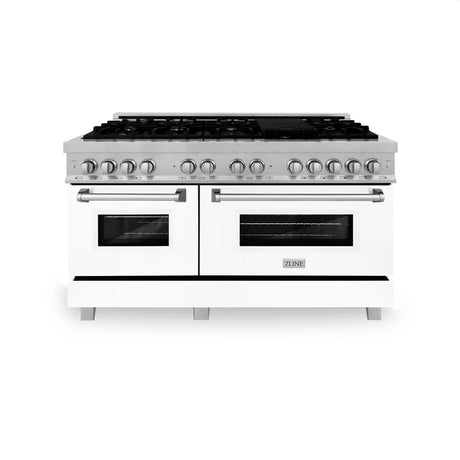 ZLINE 60" 7.4 cu. ft. Electric Oven and Gas Cooktop Dual Fuel Range with Griddle and White Matte Door in DuraSnow Stainless Steel
