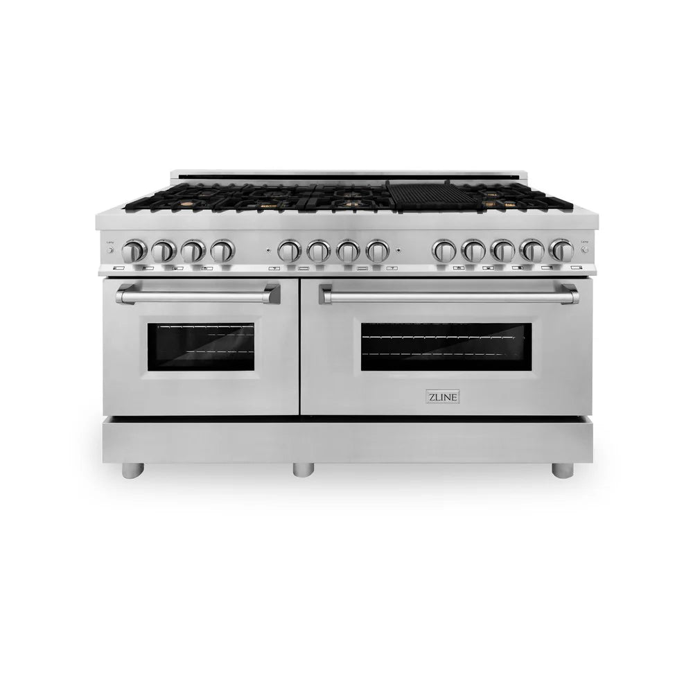 ZLINE 60" 7.4 cu. ft. Dual Fuel Range with Gas Stove and Electric Oven in Stainless Steel with Brass Burners