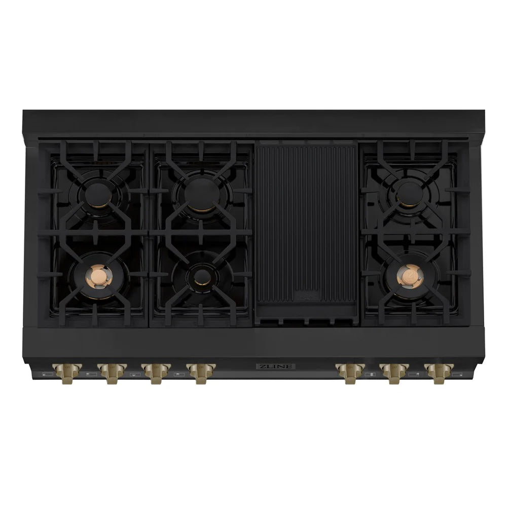 ZLINE Autograph Edition 48" Porcelain Rangetop with 7 Gas Burners in Black Stainless Steel