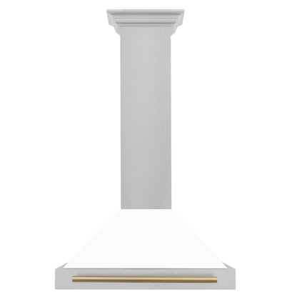 ZLINE Autograph 30" Convertible Satin Stainless Steel Wall Mount Range Hood with White Matte Shell and Champagne Bronze Handle, KB4SNZ-WM30-CB