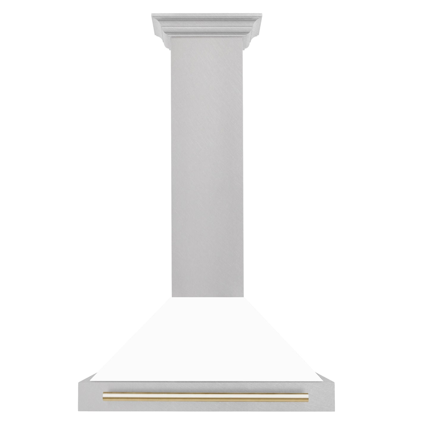 ZLINE Autograph 30" Convertible Satin Stainless Steel Wall Mount Range Hood with White Matte Shell and Polished Gold Handle, KB4SNZ-WM30-G