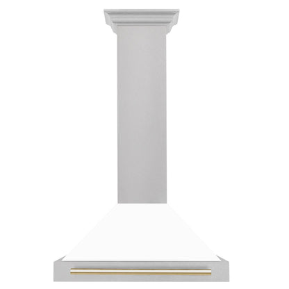 ZLINE Autograph 30" Convertible Satin Stainless Steel Wall Mount Range Hood with White Matte Shell and Polished Gold Handle, KB4SNZ-WM30-G