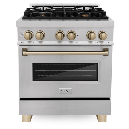 ZLINE Autograph 30" 4.0 cu. ft. Legacy Dual Fuel Range with 4 Burner Gas Cooktop and Electric Convection Oven in Satin Stainless Steel and Champagne Bronze Accents, RASZ-SN-30-CB