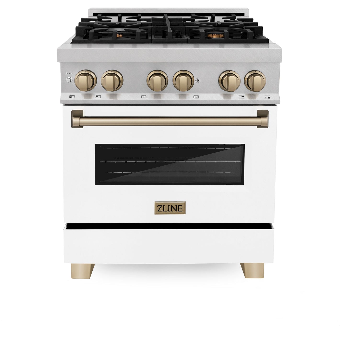 ZLINE Autograph 30" 4.0 cu. ft. Legacy Dual Fuel Range with 4 Burner Gas Cooktop and Electric Convection Oven in Satin Stainless Steel with White Matte Door and Champagne Bronze Accents, RASZ-WM-30-CB